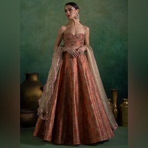 Gold and Maroon Embroidered Brocade Lehenga